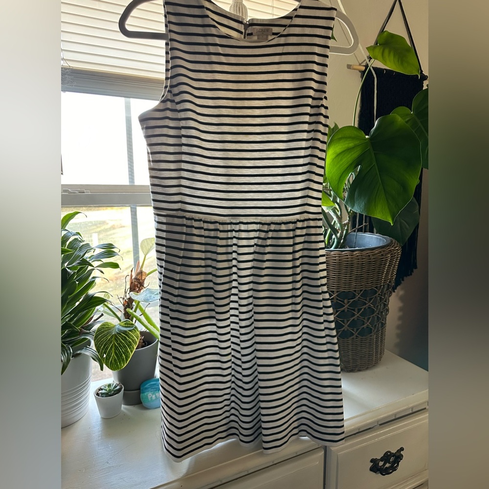 J. Crew dress, size Small, white with black stripes, sleeveless, and has pockets